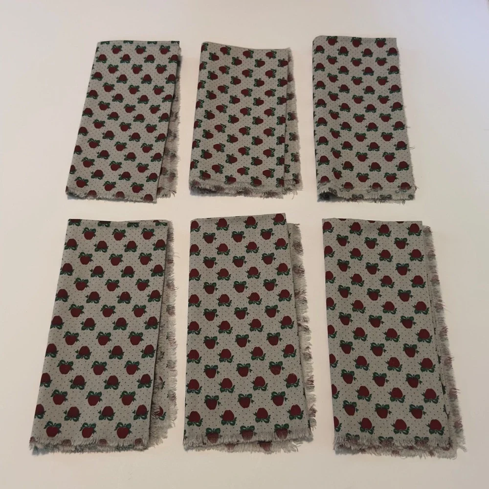 Vintage Style Gray Red Apple Print Frayed Edge Cloth Napkins Set of 6 Farmhouse